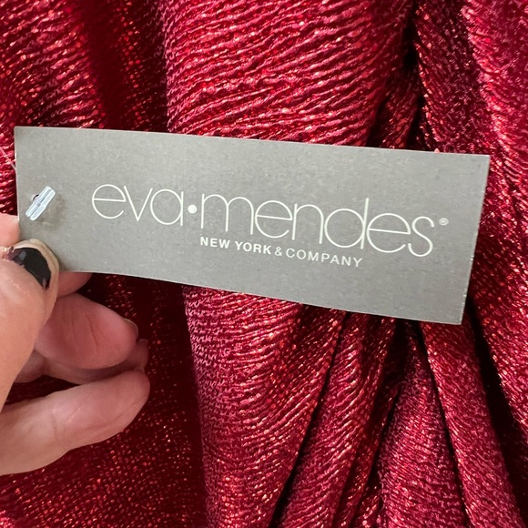 Eva Mendes Red Metallic Ruched Crossover V-Neck Midi Dress Size XL - Picture 12 of 16